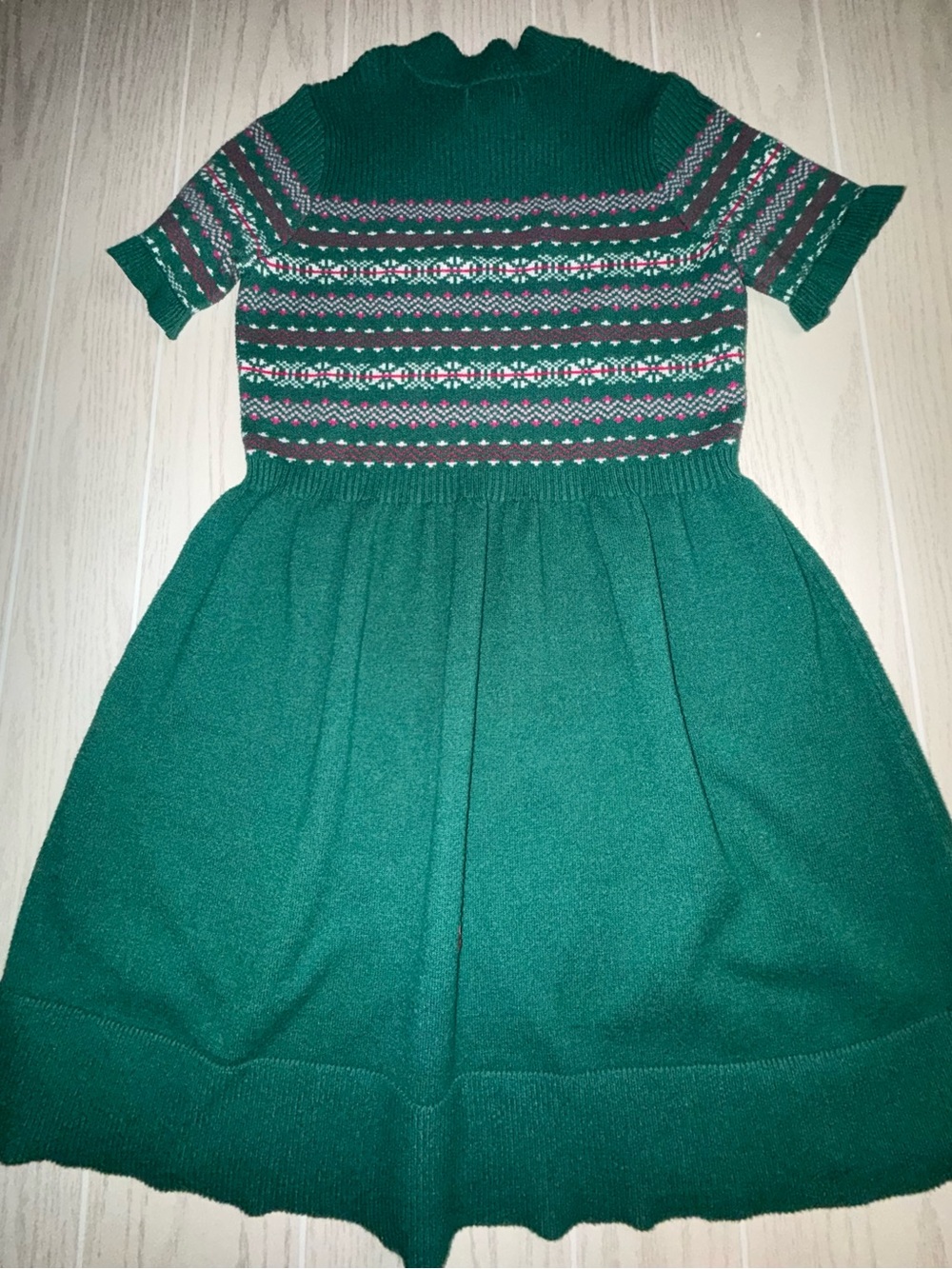 Girls' Green Knit Dress with Fair Isle Yoke